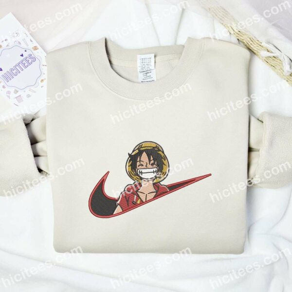 Luffy Smiling Embroidered Shirt, One Piece Anime Embroidered Hoodie