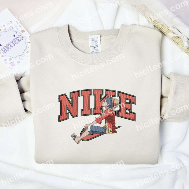 Luffy Sitting Embroidered Shirt, One Piece Anime Embroidered Hoodie